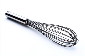 Stainless steel whisk with wire loops and cylindrical handle. A classic kitchen utensil symbolizing baking, mixing, and culinary preparation, isolated on white background.
