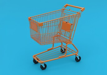 Vibrant Orange Shopping Cart on Blue Background a Symbol of Retail Commerce and Consumerism with Copy Space for Marketing Promotions