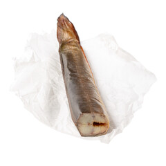Smoked eel isolated on white background. Fish delicacy ready to eat. Fish tail.