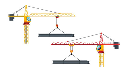 Construction Cranes: Two construction cranes lift heavy steel beams, showcasing engineering prowess and urban development. With vibrant colors and detailed illustration.
