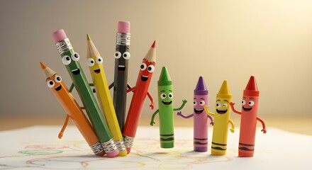Cheerful cartoon pencils and crayons standing together on a drawing surface