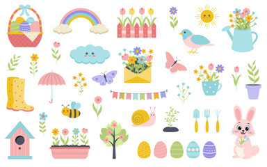 Spring set with bird, flowers, rabbit, birdhouses, sun, and other. For poster, card, scrapbooking, sticker, invitation.