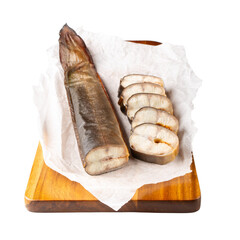 Smoked eel on wooden board isolated on white background. Fish delicacy ready to eat. Fish tail.
