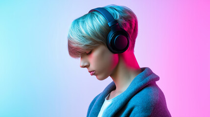 Portrait of a teenager with headphones under neon lights, symbolizing music, isolation, and digital culture.  
