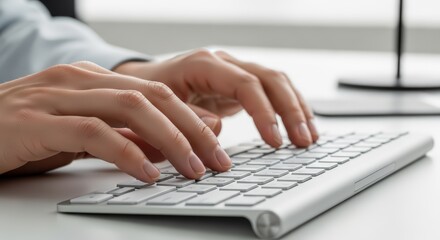 Focused professional typing on a modern keyboard, capturing the essence of productivity and digital