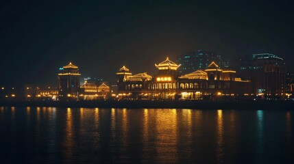 Fototapeta premium Illuminated Chinese architecture by the river at night