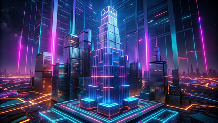 Futuristic neon skyscraper made of financial graphs futuristic finance trading stock holographic city design