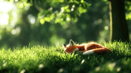Obraz premium Peaceful Fox Relaxing on Green Grass Under Soft Morning Light