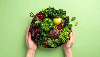 Overhead flat lay of hands holding a bowl of fresh, vibrant vegetables representing a sustainable vegan lifestyle against a pastel green background.