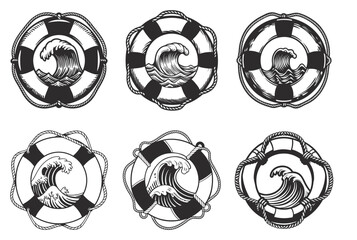 Monochrome lifebuoy set with rope encircling stylized ocean wave, perfect for nautical logo, marine safety branding, rescue service design, and coastal tourism promotion