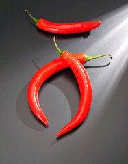 Two vibrant red chili peppers curve gracefully against a dark gray backdrop, bathed in dramatic light.