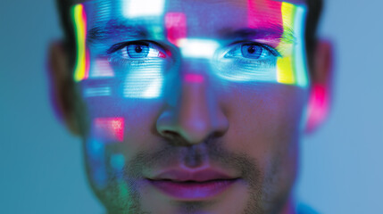 Close-up of a man’s face with colorful neon light projections, representing digital identity and cyberpunk aesthetics.  
