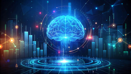 Glowing ai brain surrounded by financial graphs futuristic holographic finance artificial intelligence design  