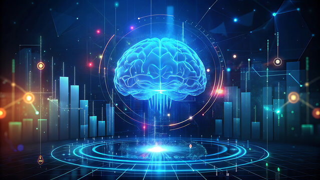 Glowing ai brain surrounded by financial graphs futuristic holographic finance artificial intelligence design  