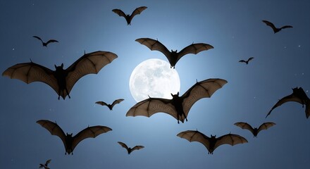 Spooky halloween night sky with silhouetted bats flying towards a bright full moon