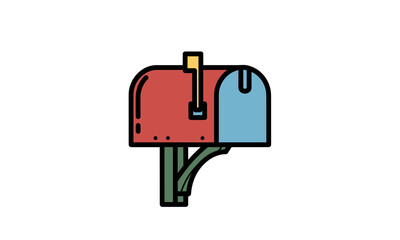 Classic Red and Blue Metal Mailbox with Flag and Post.