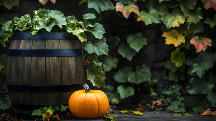Wooden barrel and pumpkin autumnal decor