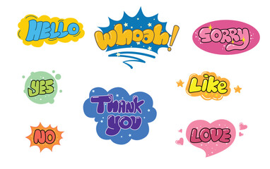 Doodle style vector text illustration with playful sketch lines. Words such as like, love, fun, and more in a casual cartoon-inspired style. Ideal for stickers.