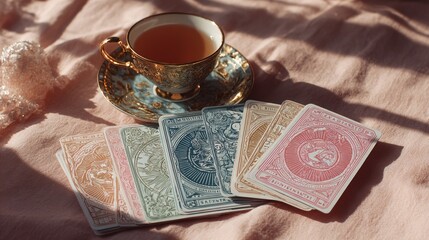 Tarot Card Spread with Zodiac Signs and Ornate Teacup on Pink Fabric