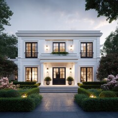 Fototapeta premium Elegant white colonial-style home at twilight