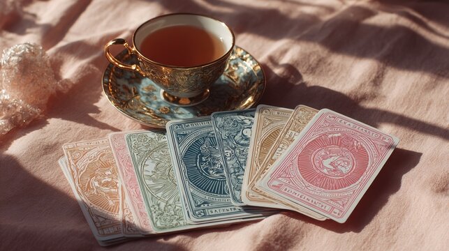 Tarot Card Spread with Zodiac Signs and Ornate Teacup on Pink Fabric