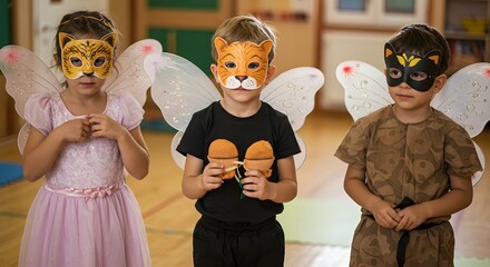 Three children wearing animal masks and fairy wings at a school play event