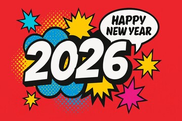Vibrant pop art design celebrating the arrival of happy new year 2026 season