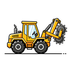 Fototapeta premium A cartoon illustration of a yellow trenching machine, ready for construction work.
