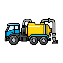 Cartoon illustration of a blue and yellow sewer cleaning truck, side view, with pipes and tank.