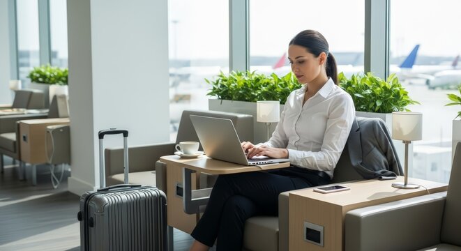 Professional businesswoman working on laptop in modern airport lounge with luggage nearby