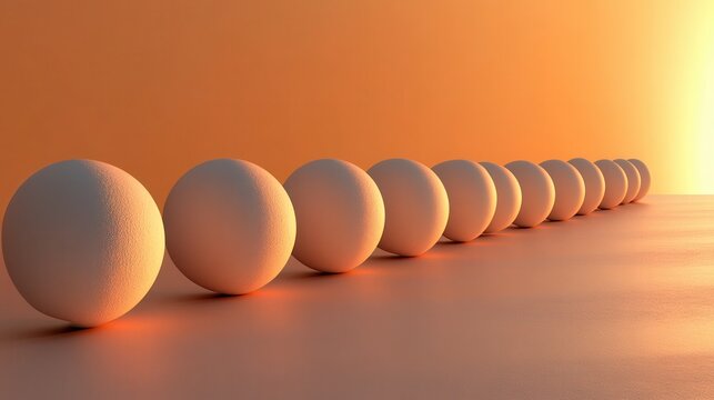 Sequence of White Spheres Against a Warm Orange Gradient Background