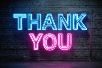 Neon Thank You Sign on Brick Wall Background.