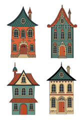 Fototapeta premium Charming vintage style houses collection decorative architectural art elements