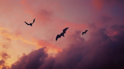 Obraz premium Flying bats under cloudy twilight sky, spooky halloween atmosphere with surreal nightfall mood