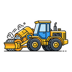 Naklejka premium A yellow and blue road roller compactor smoothly levels a surface, leaving a trail of steam.