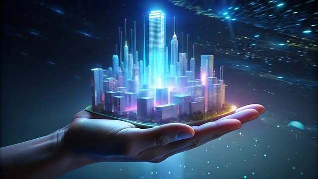Glowing holographic hand holding miniature futuristic city finance holographic stock market glowing design