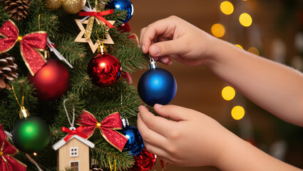 Child decorating Christmas tree with colorful baubles, holding blue ornament among red, green and gold festive decorations