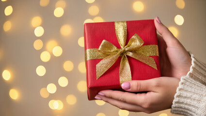 Christmas gift wrapped in red paper with golden ribbon held by female hands in cozy sweater on blurred festive lights background