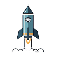 Retro rocket ship launching with flames isolated on transparent background