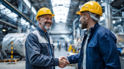 Factory Workers Wearing Safety Helmets Handshake Inside Manufacturing Plant Symbolizing Partnership
