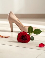 Close-up vertical shot of a red rose lying on the floor next to a woman&rsquo;s high heel