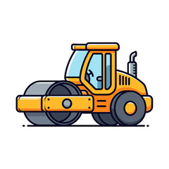 Naklejka premium Illustration of a yellow road roller with a gray roller and wheels, set against a white background.