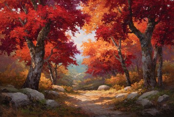 Autumnal Forest Path Red and Orange Leaves, Sunlight, and Rocks