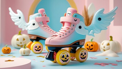 Obraz premium Kawaii pastel roller skates decorated with ghost wings and pumpkin wheels, cartoon cute style