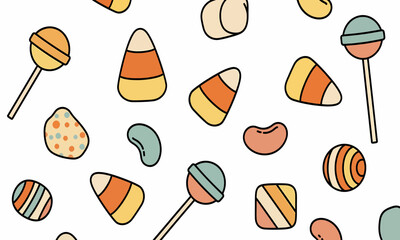 Colorful Candy Pattern - Lollipops, Candy Corn, and Jelly Beans, a Sweet Treat.