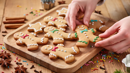 Christmas gingerbread cookies shaped like men with colorful icing decorations on wooden tray, hands picking up one cookie