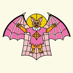 Spooky bat character illustration with pink wings for Halloween themed design projects and creative content