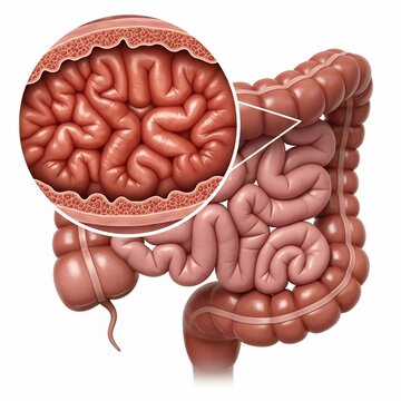 Illustration of the human colon with a magnified view of the intestinal lining structure anatomy