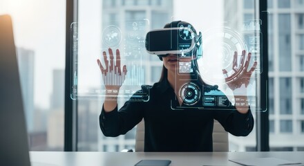Woman interacts with futuristic holographic data interface using virtual reality headset in modern