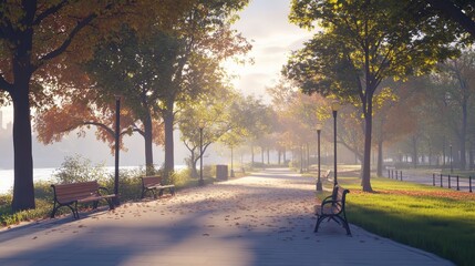 Obraz premium Serene Autumn Pathway with Sunlight and Colorful Foliage in Park